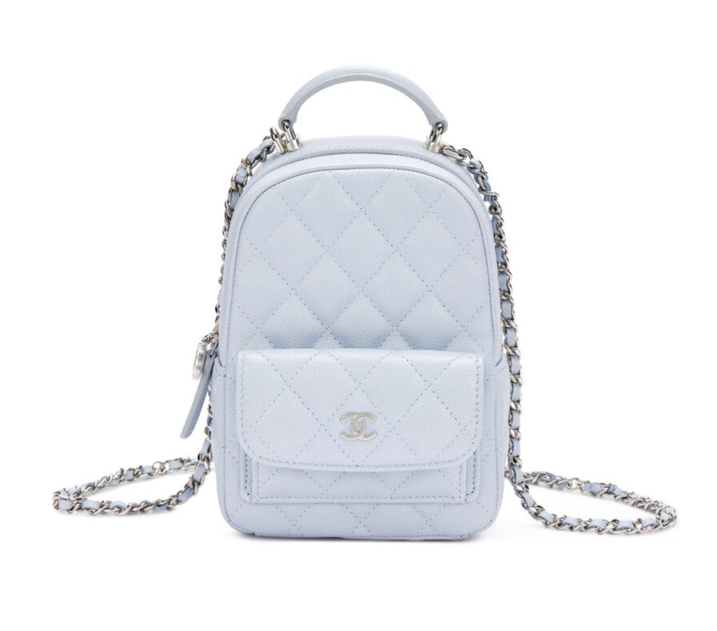 代金引換 ライトブルー キルティング キャビア ミニ バックパック シルバー金具