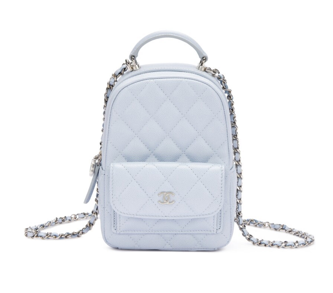 代金引換 ライトブルー キルティング キャビア ミニ バックパック シルバー金具